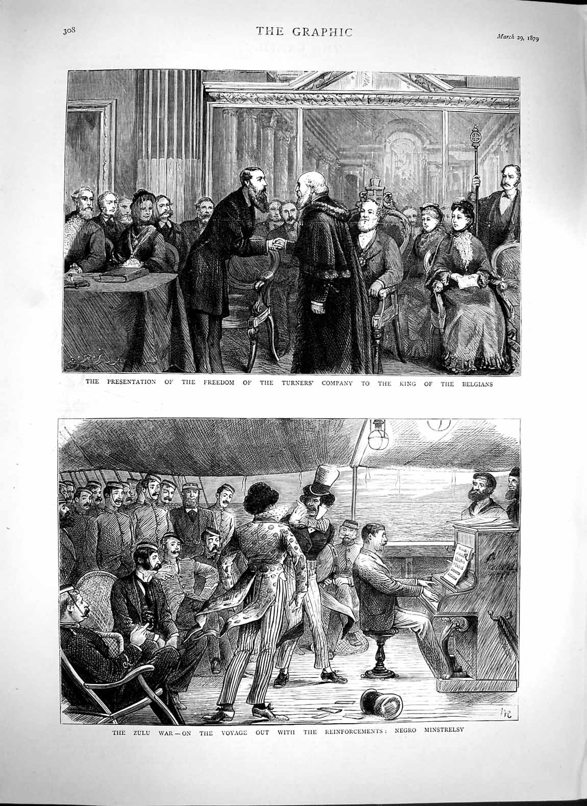 Old Antique Print 1879 Zulu War Negros Ship King Belgians Freedom Turners 19th