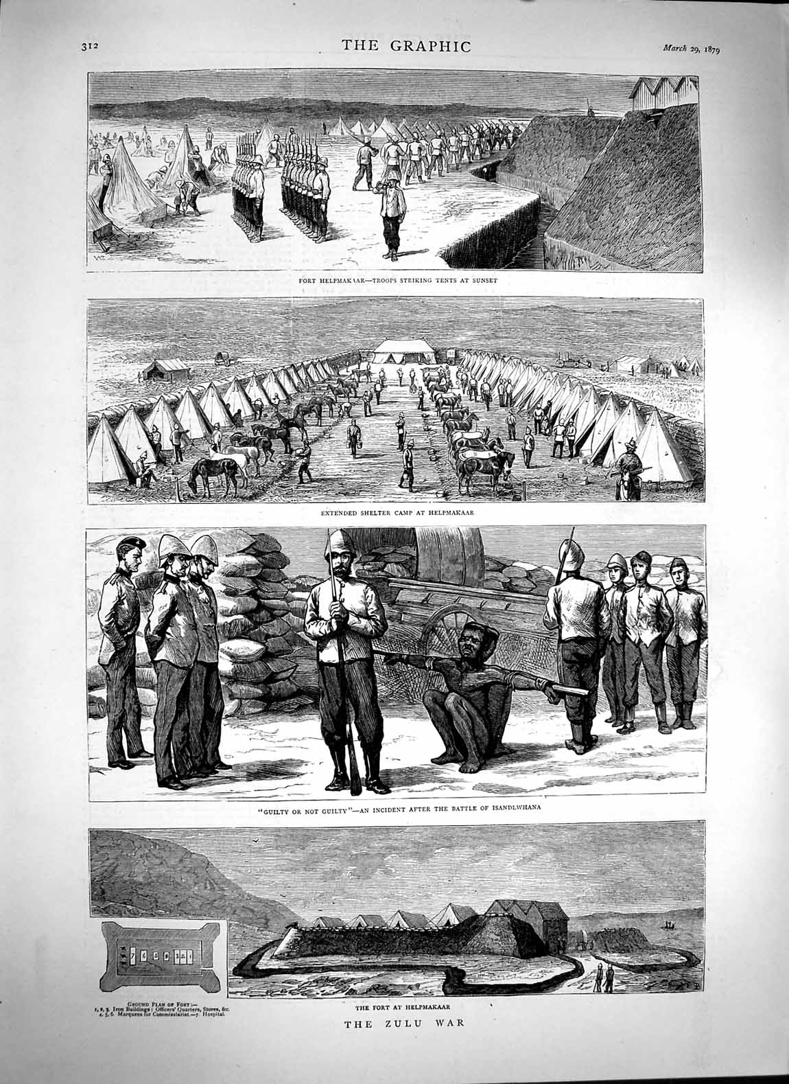 Original Old Antique Print 1879 Zulu War Fort Helpmakaar Isandlwhana Helpmakaar