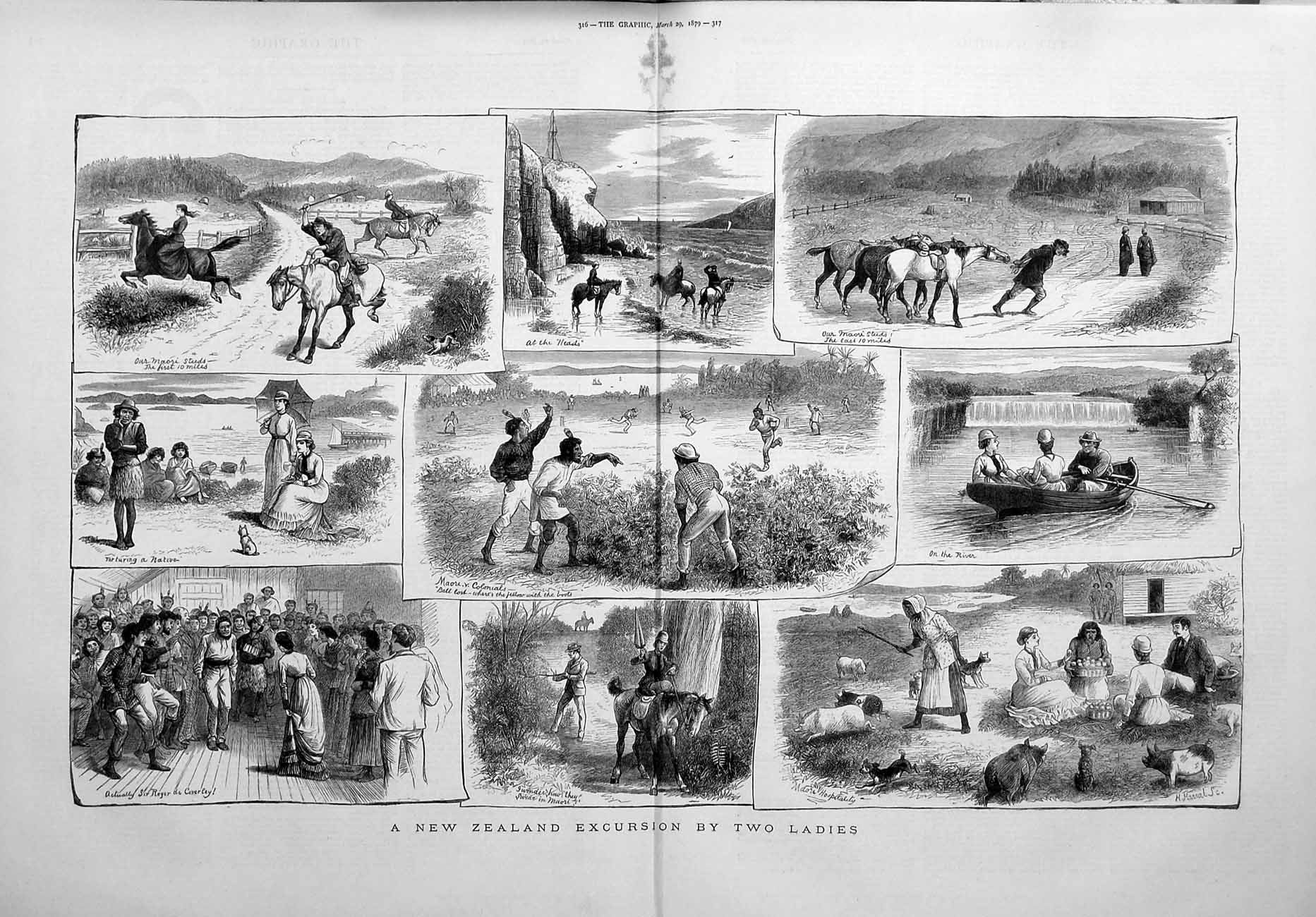 Old Antique Print 1879 New Zealand Excursion Natives River Boat Horses 19th