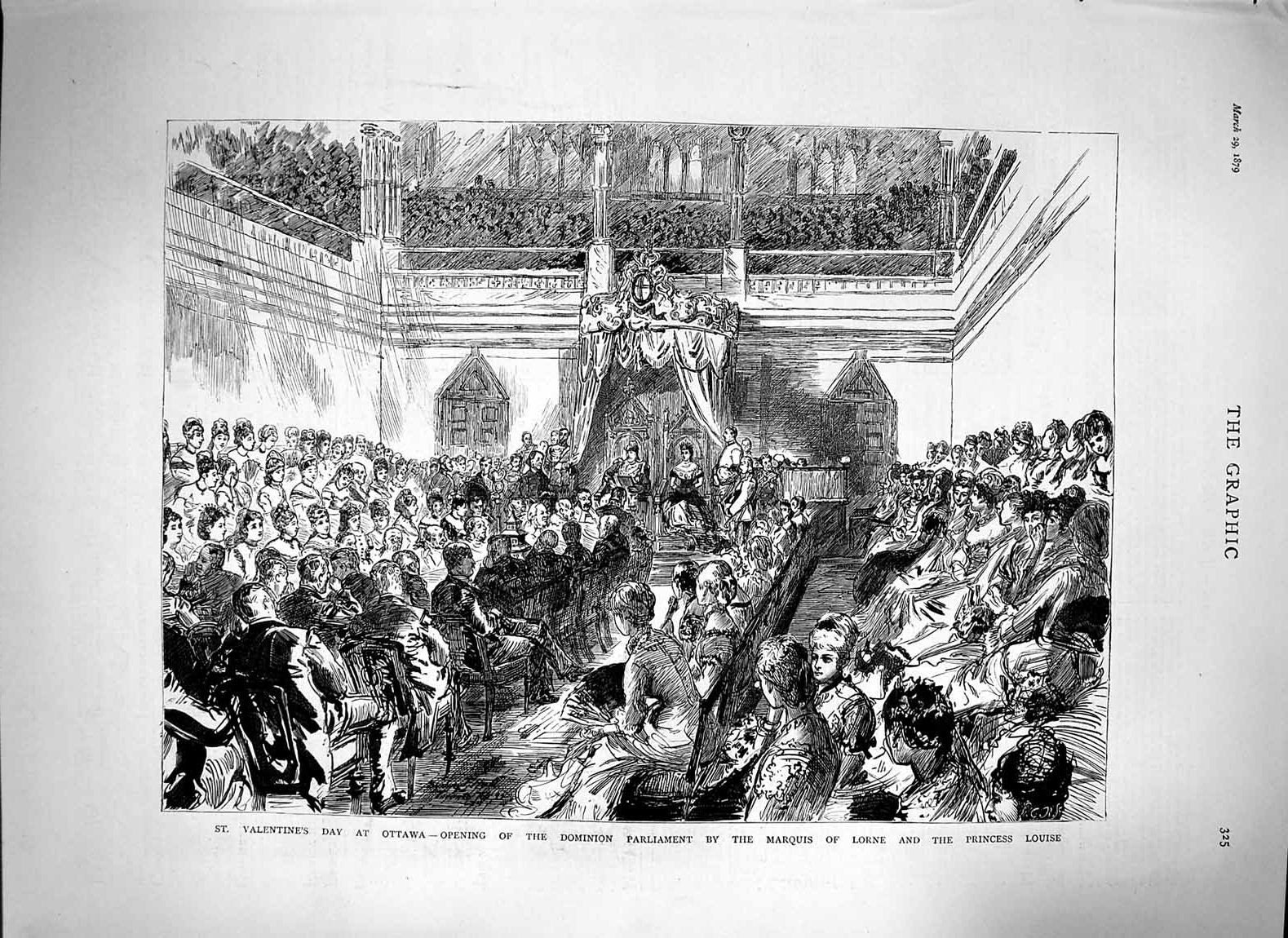 Original Old Antique Print 1879 St. Valentines Day Ottawa Marquis Lorne Louise