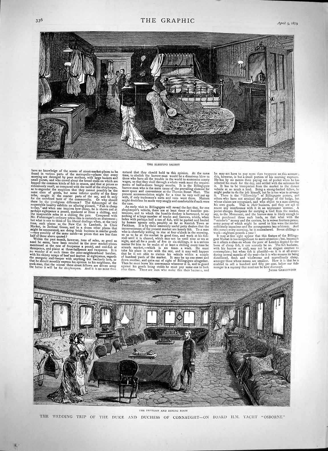 Old Antique Print 1879 Duke Connaught Yacht Osborne Ship Sleeping Saloon 19th