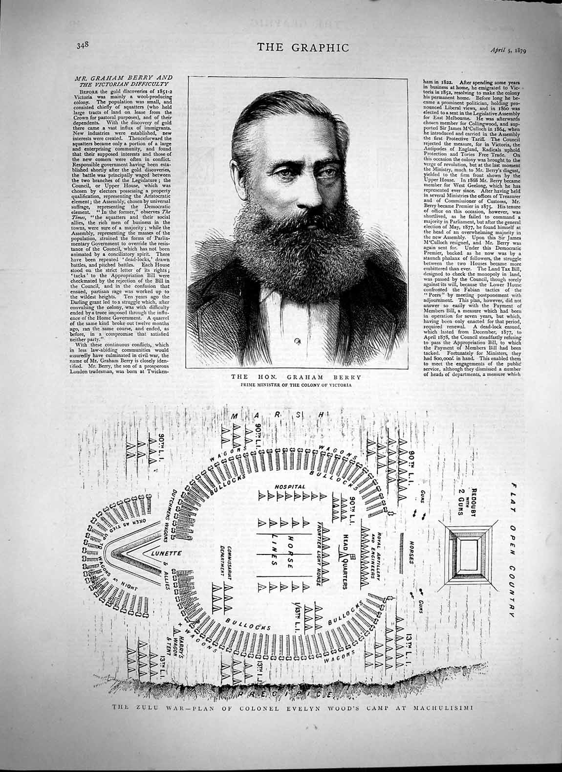 Old Antique Print 1879 Graham Berry Victoria Zulu War Evelyn Machulisimi 19th
