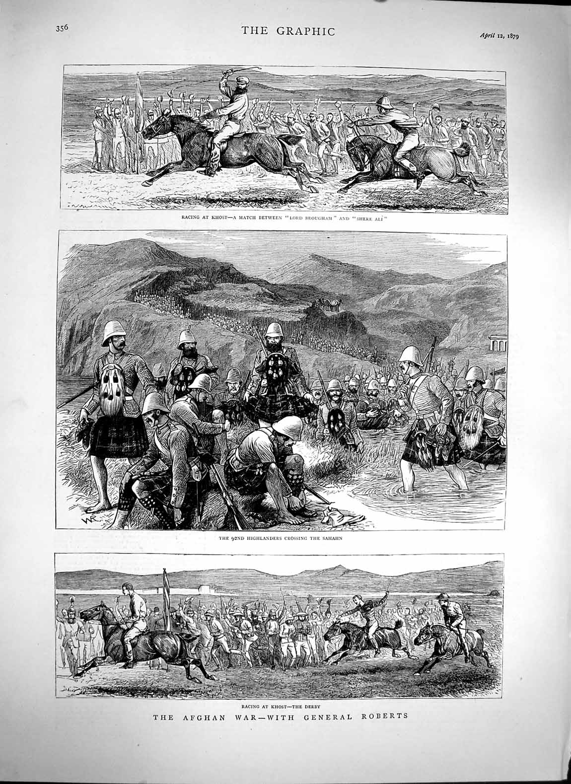 Original Old Antique Print 1879 Afghan War General Roberts Khost Brougham 19th