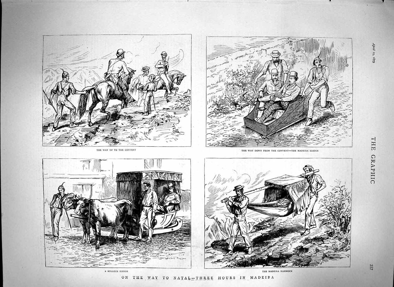 Original Old Antique Print 1879 Madeira Hammock Convent Sledge Bullock Victorian