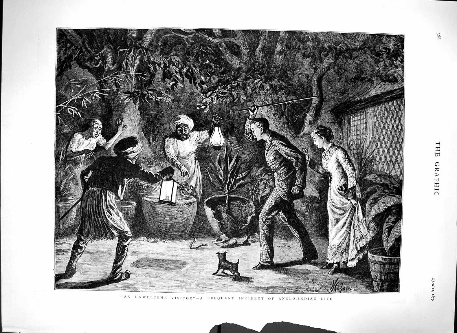 Old Antique Print 1879 Anglo-Indian Life Snake Dog Natives Man Woman Art 19th