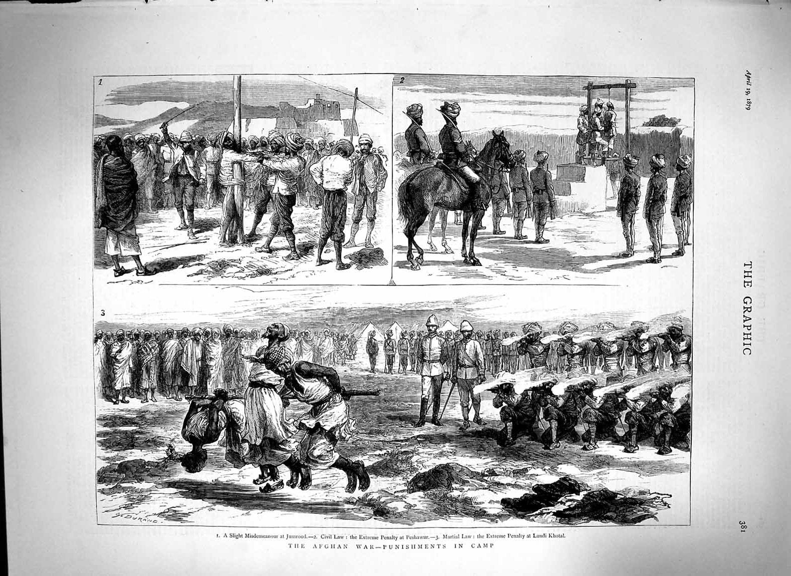 Original Old Antique Print 1879 Afghan War Jumrood Punishment Camp Lundi Khotal
