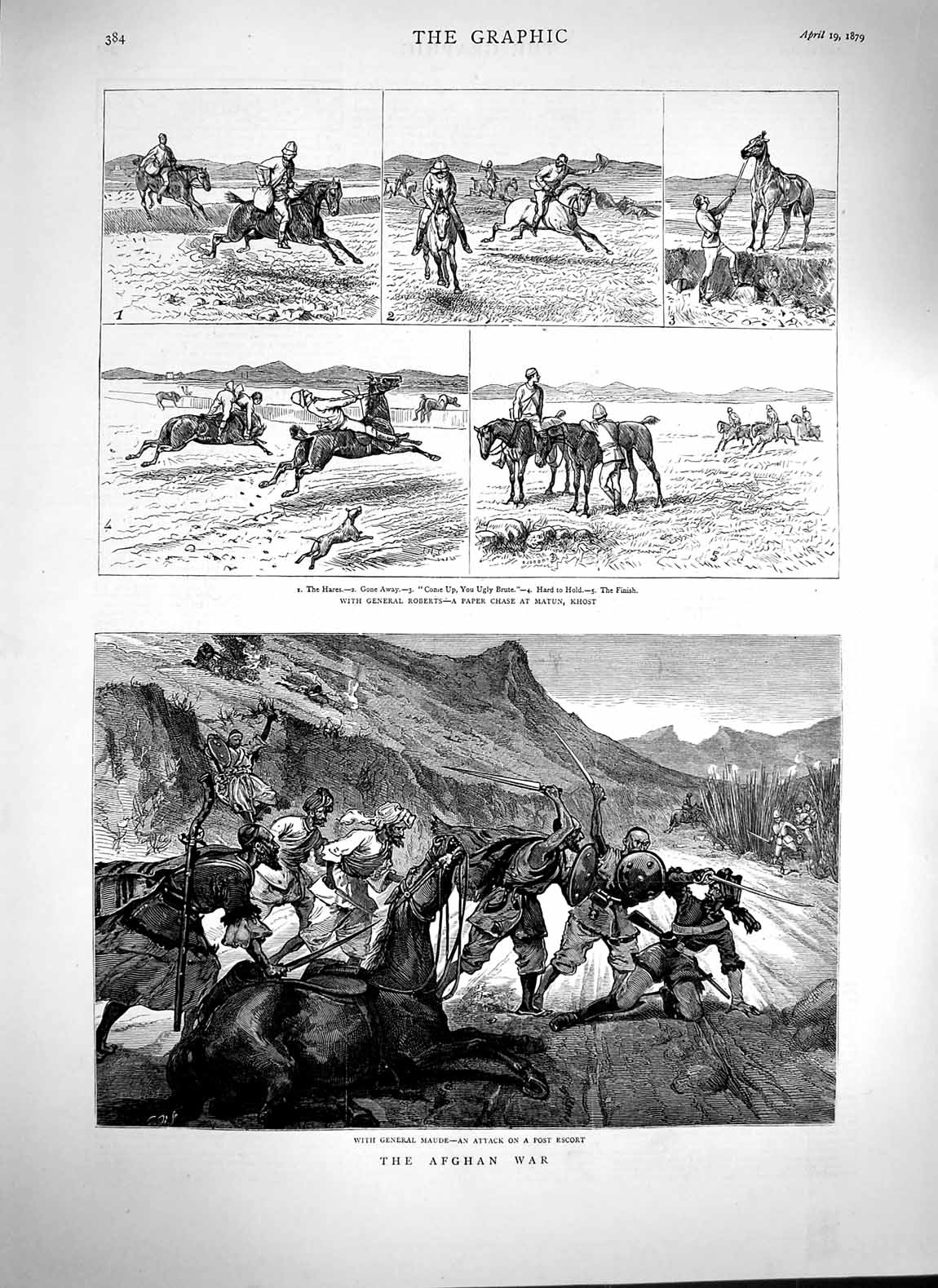 Original Old Antique Print 1879 Afghan War General Maude Roberts Matu Victorian