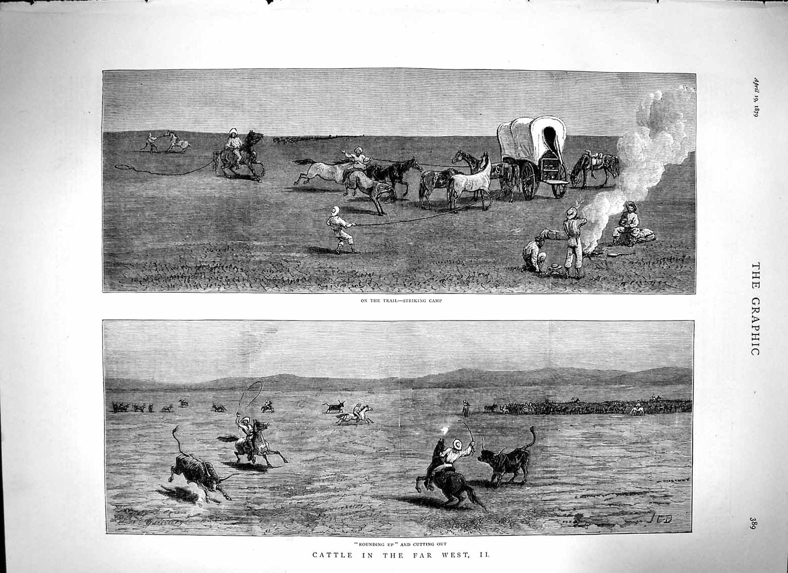 Original Old Antique Print 1879 Rounding Cattle America Camp Horses Waggon 19th