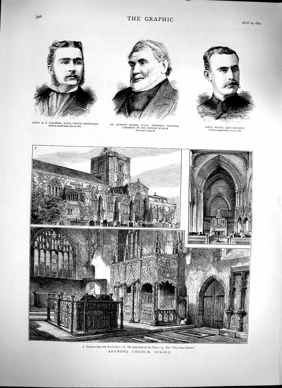 Old Antique Print 1879 Arundel Church Sussex Fitz Chapel Chambers Panizzi 19th