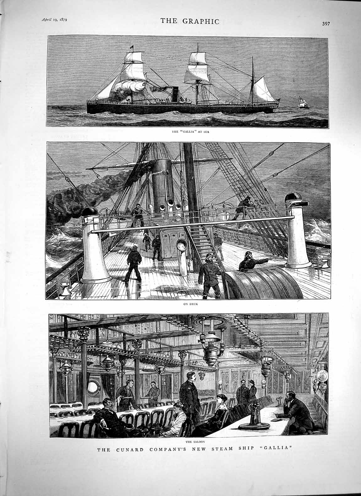 Original Old Antique Print 1879 Cunard Company Steam Ship Gallia Saloon D 19th