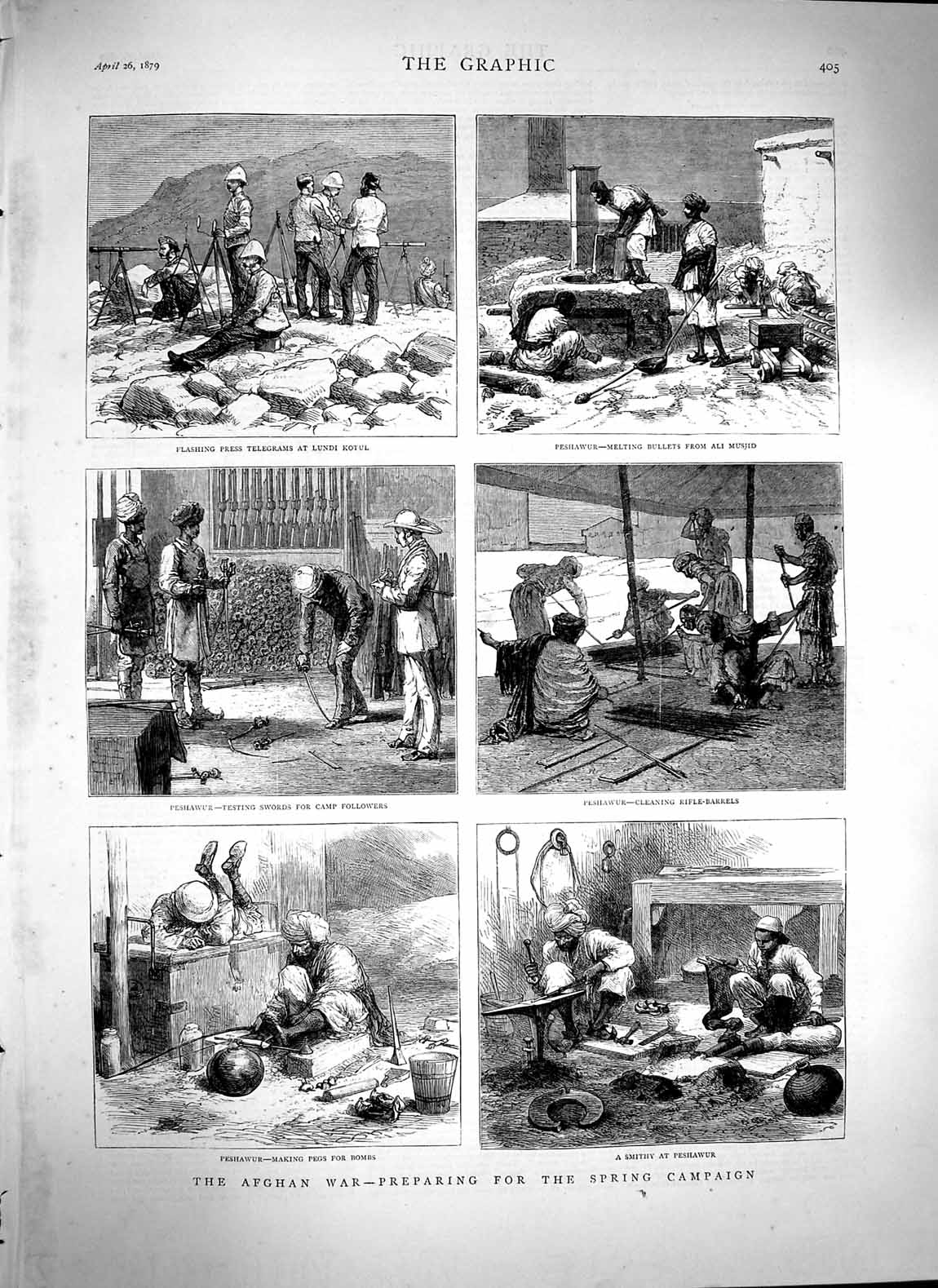 Old Antique Print 1879 Afhgan War Telegrams Lundi Kotul Musjid Peshawur 19th