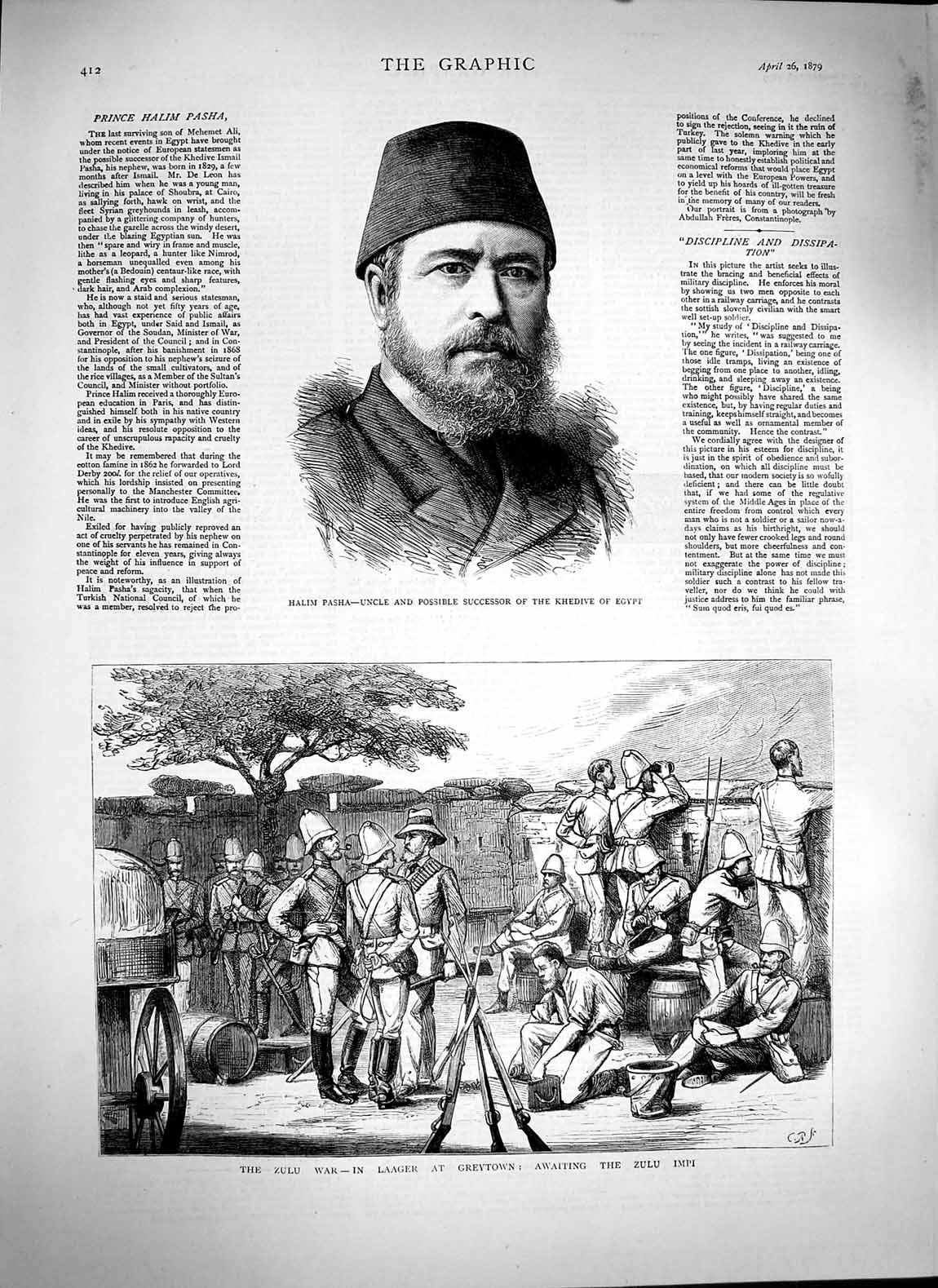 Original Old Antique Print 1879 Zulu War Laager Greytown Impi Halim Pash 19th