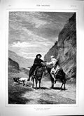 Original Old Antique Print 1879 Fine Art Louis Guy Mountains Men Horses Dogs