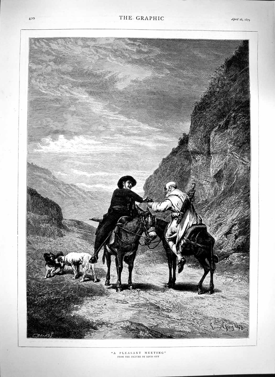 Original Old Antique Print 1879 Fine Art Louis Guy Mountains Men Horses Dogs