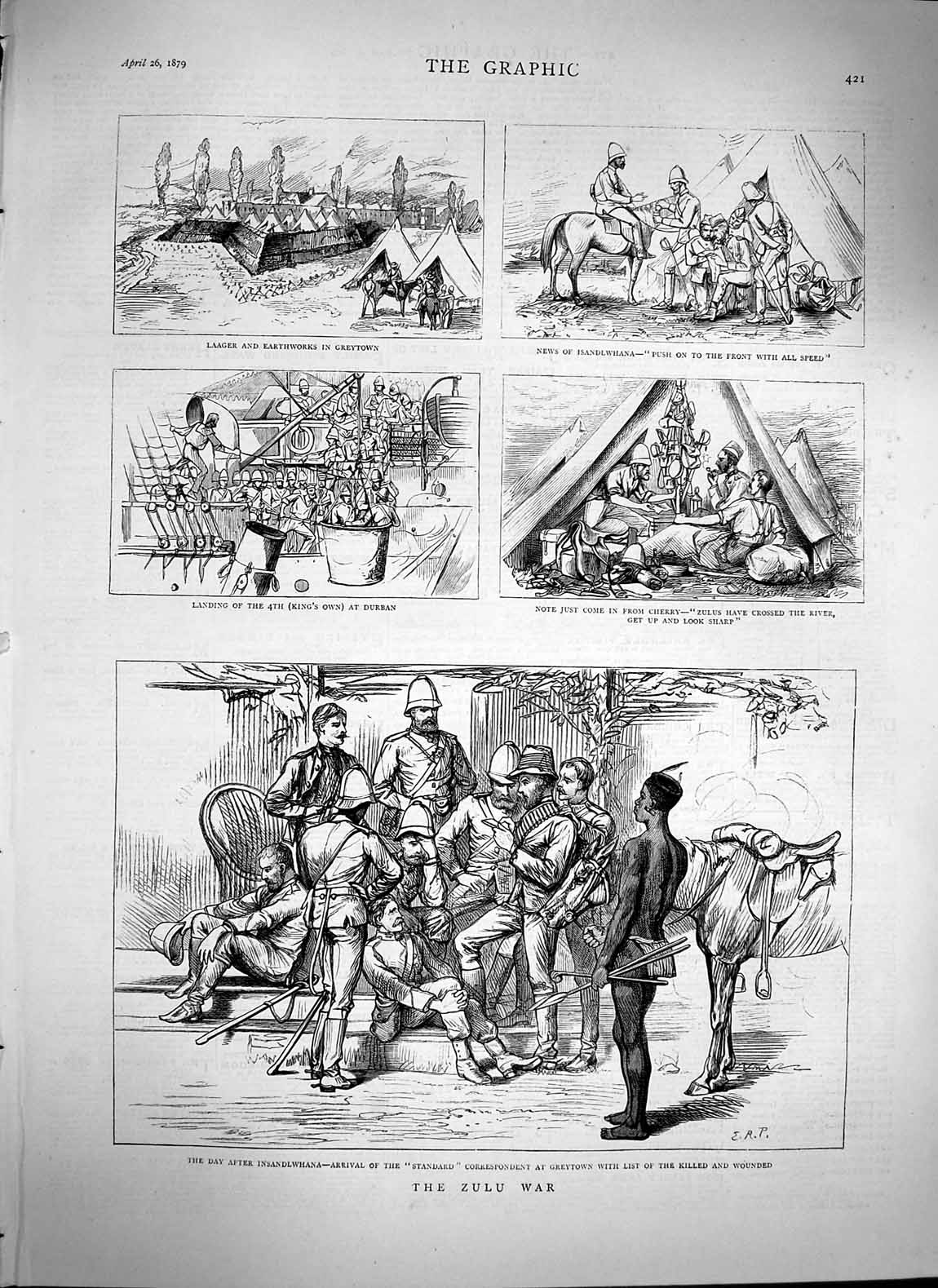 Original Old Antique Print 1879 Zulu War Insandlwhana Durban Laager Greytown