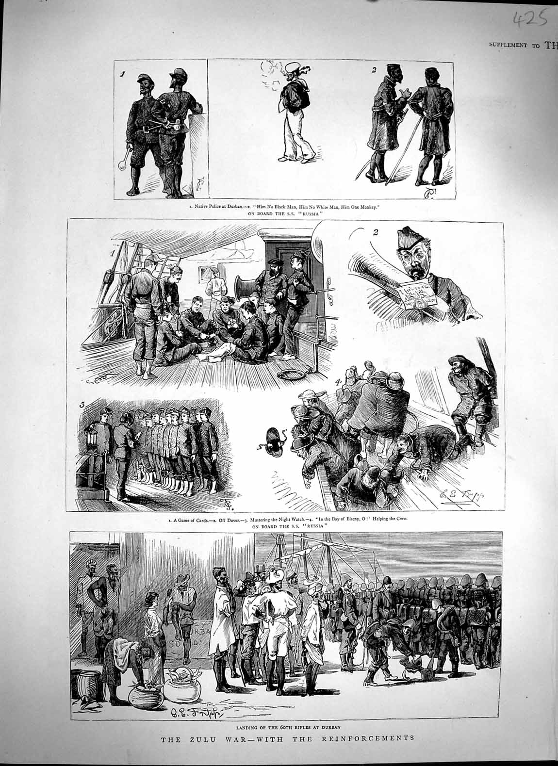 Original Old Antique Print 1879 Zulu War Durban Siers S.S Russia Native Police