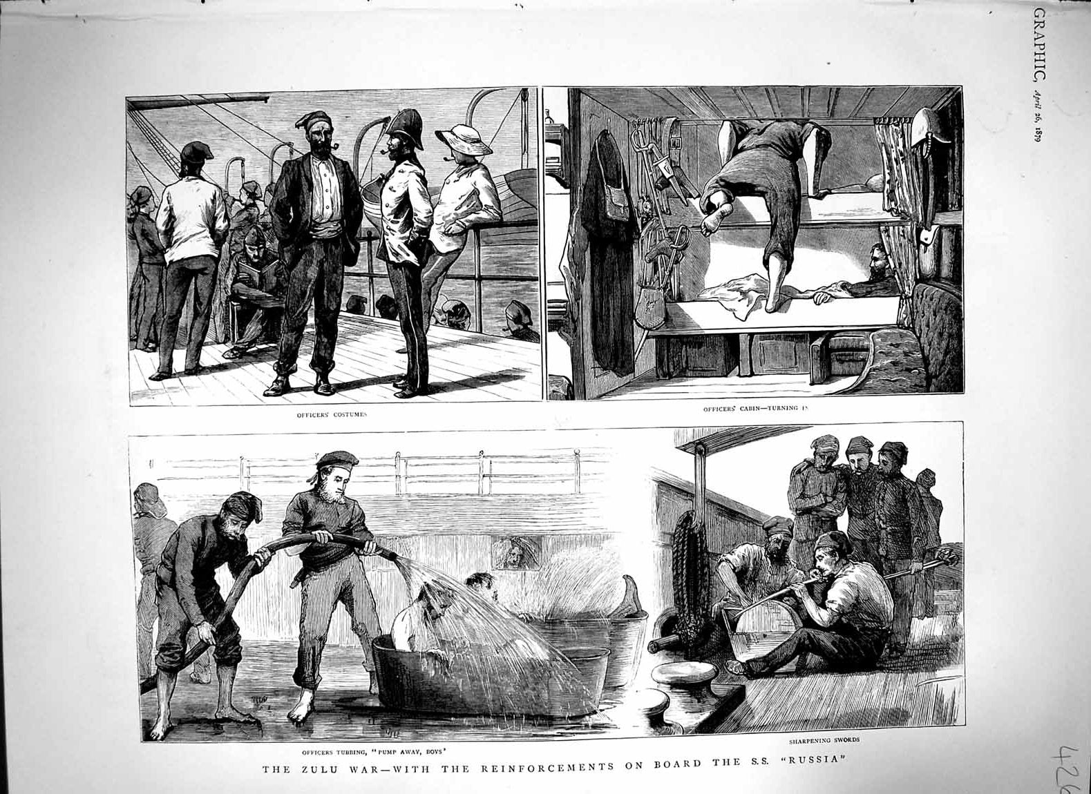 Old Antique Print 1879 Zulu War Ship S.S. Russia Officers Washing Swords 19th