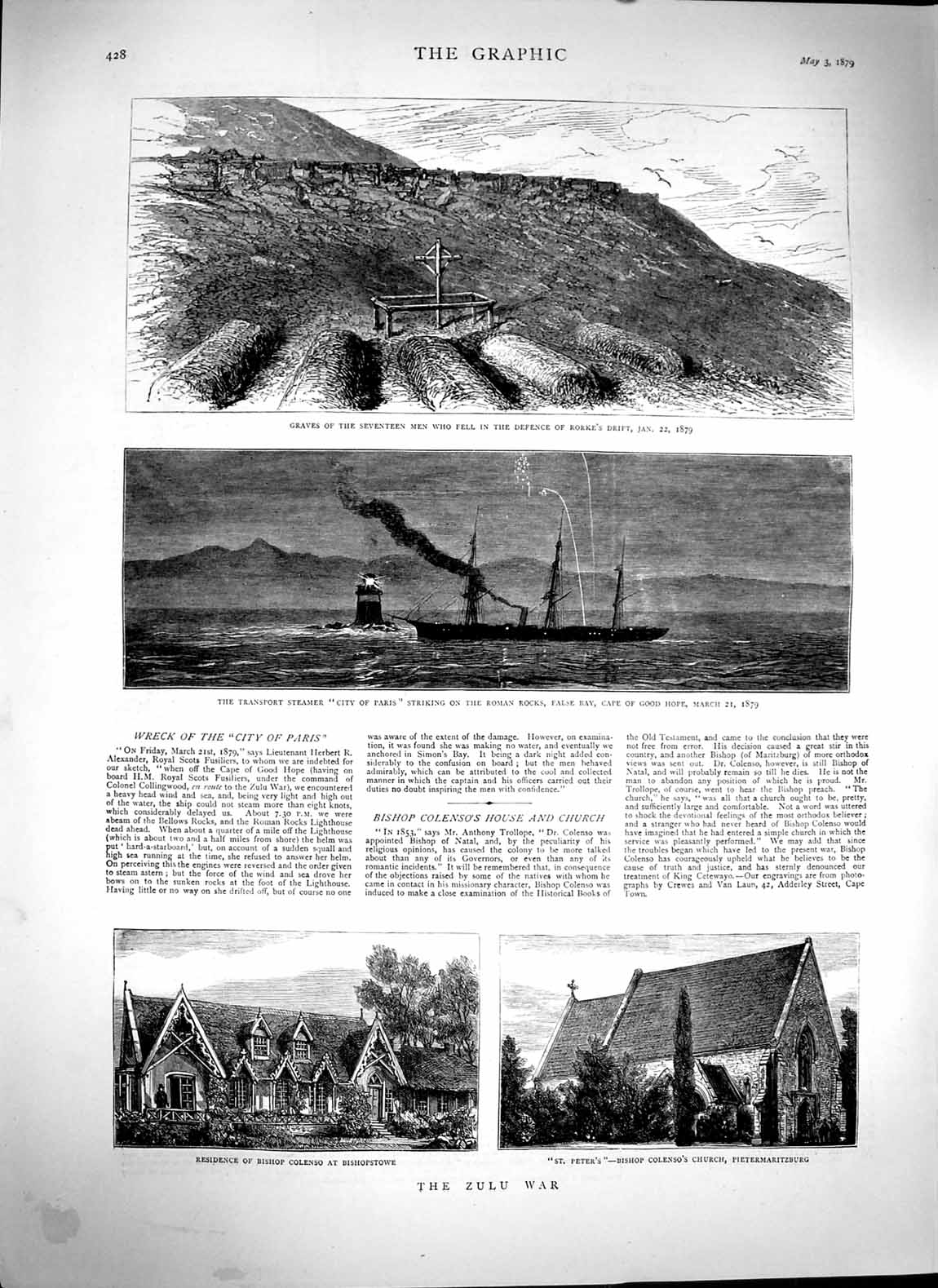 Old Antique Print 1879 Rorke'S Drift Zulu War Bishop Colenso Church Ship 19th
