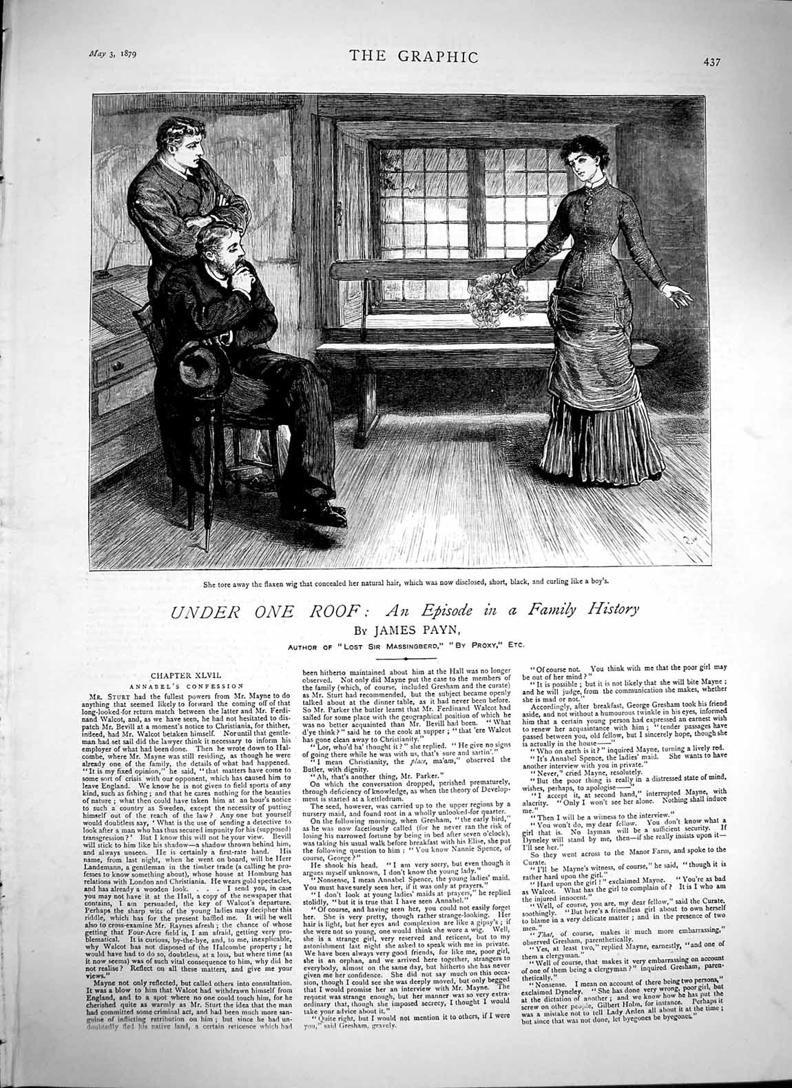Old Antique Print 1879 Illustration Story James Ryan Lady Men Flaxen Wig 19th