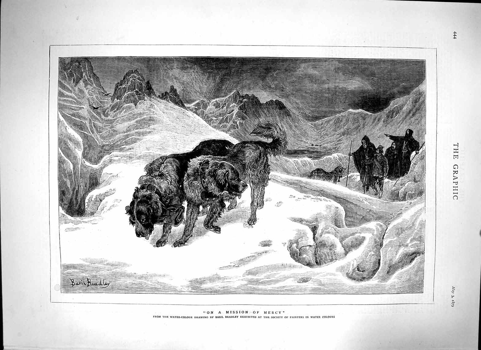 Old Antique Print 1879 St. Bernard Dogs Mountain Rescue Snow Bradley Art 19th