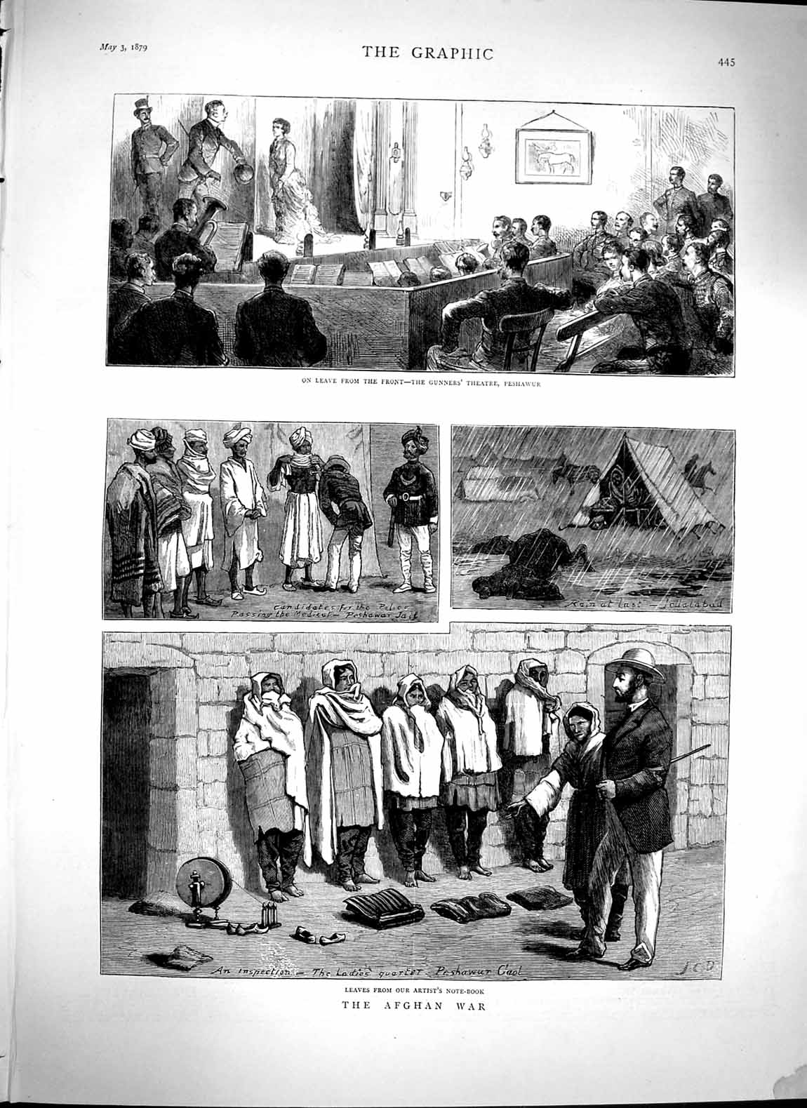 Original Old Antique Print 1879 Afghan War Gunners Theatre Peshawur Natives
