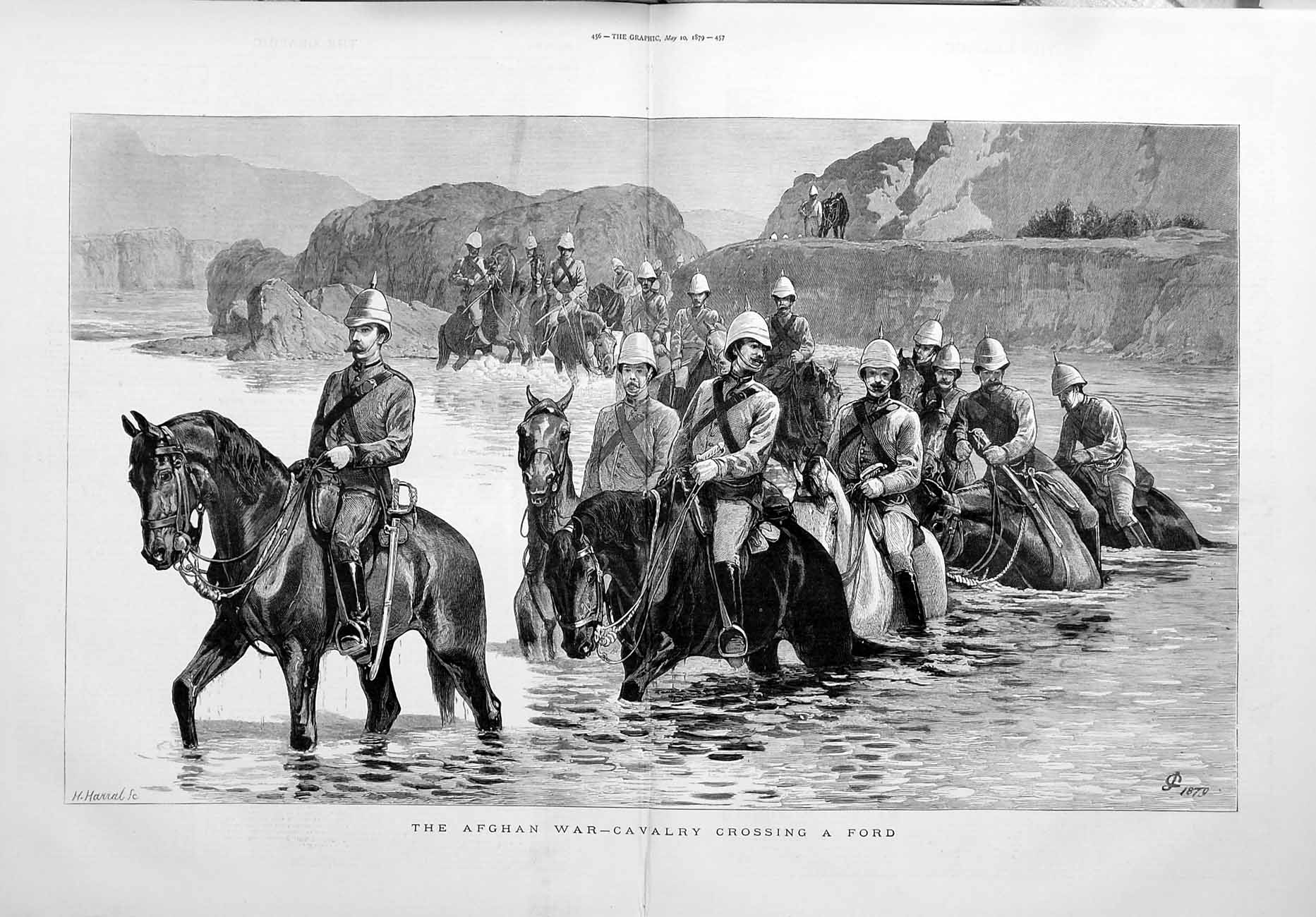 Original Old Antique Print 1879 Afghan War Siers Cavalry Crossing River Horses