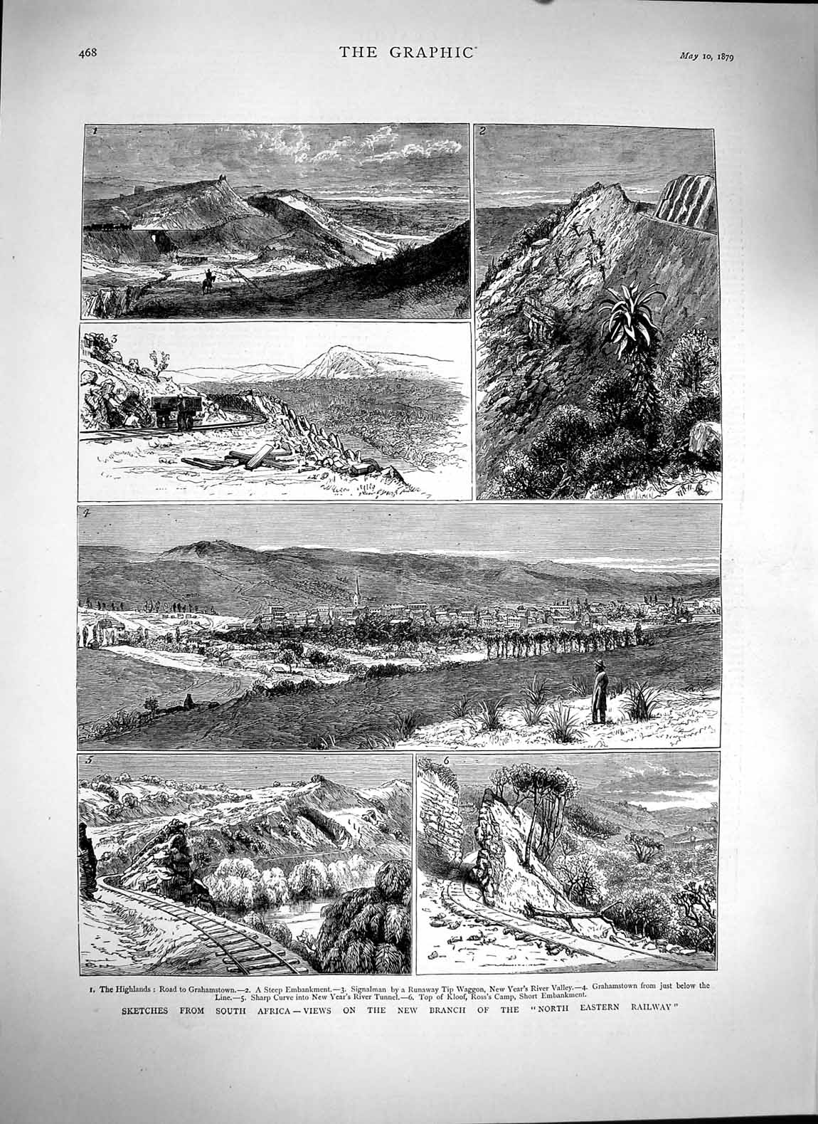 Original Old Antique Print 1879 Africa Railway KloCamp Grahamstown Waggon 19th