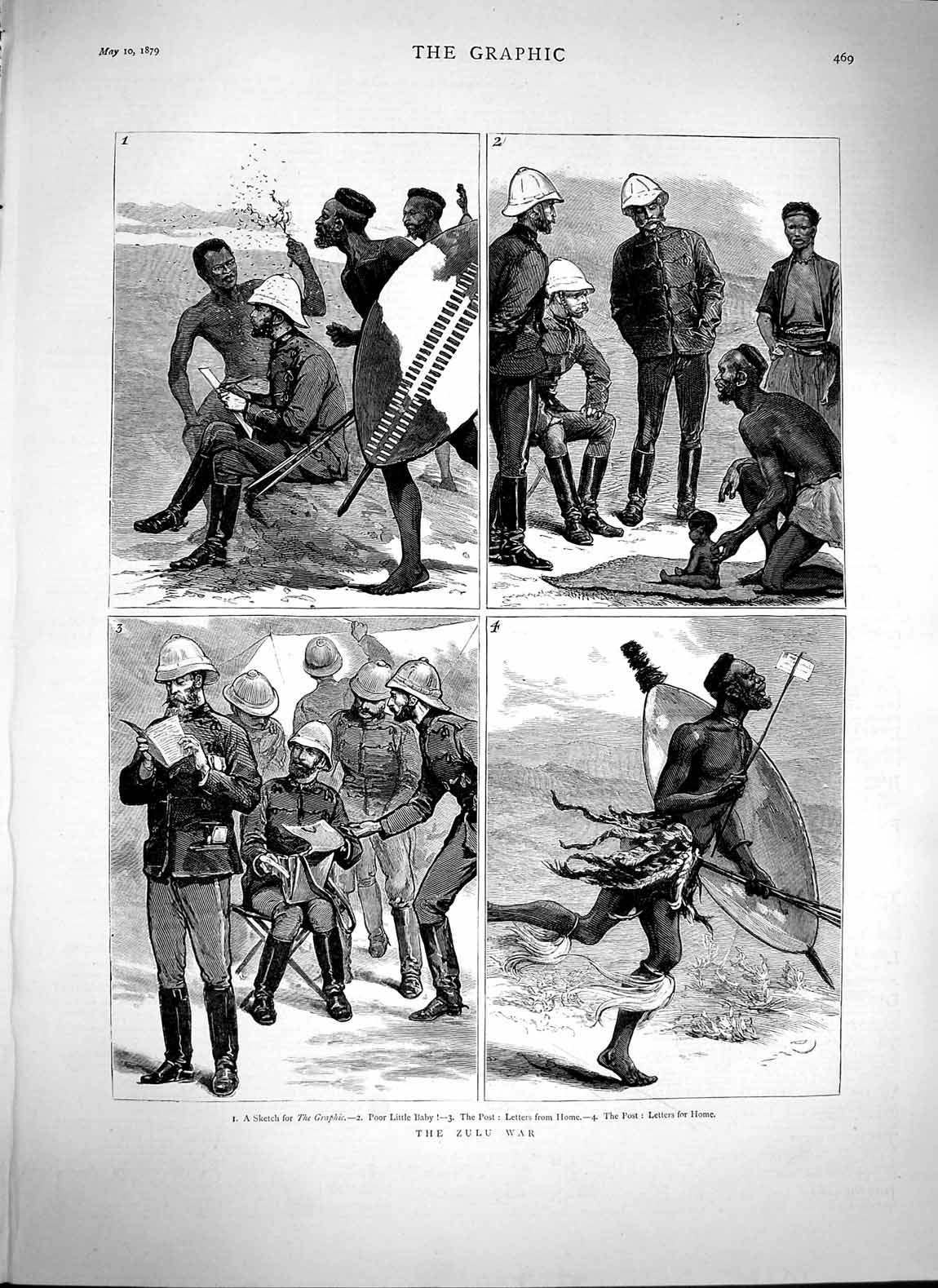 Original Old Antique Print 1879 Zulu War Natives Siers Weapons Post Letters