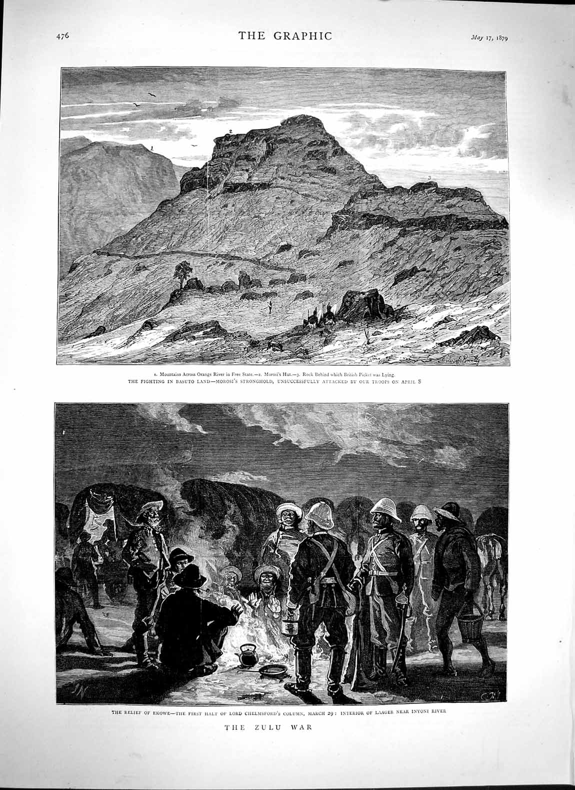 Original Old Antique Print 1879 Zulu War Ekowe Chelmsford Laager Basuto Morosi