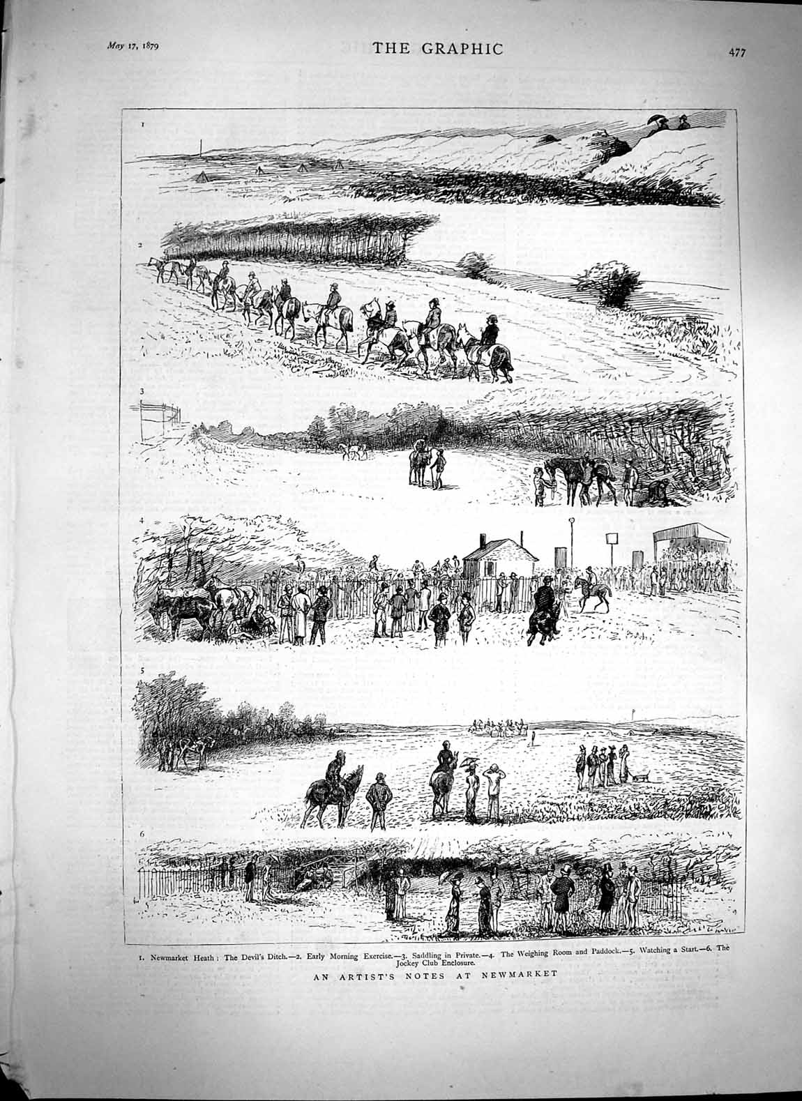 Old Antique Print 1879 Newmarket Horse Racing Sport Devil'S Ditch Jockeys 19th