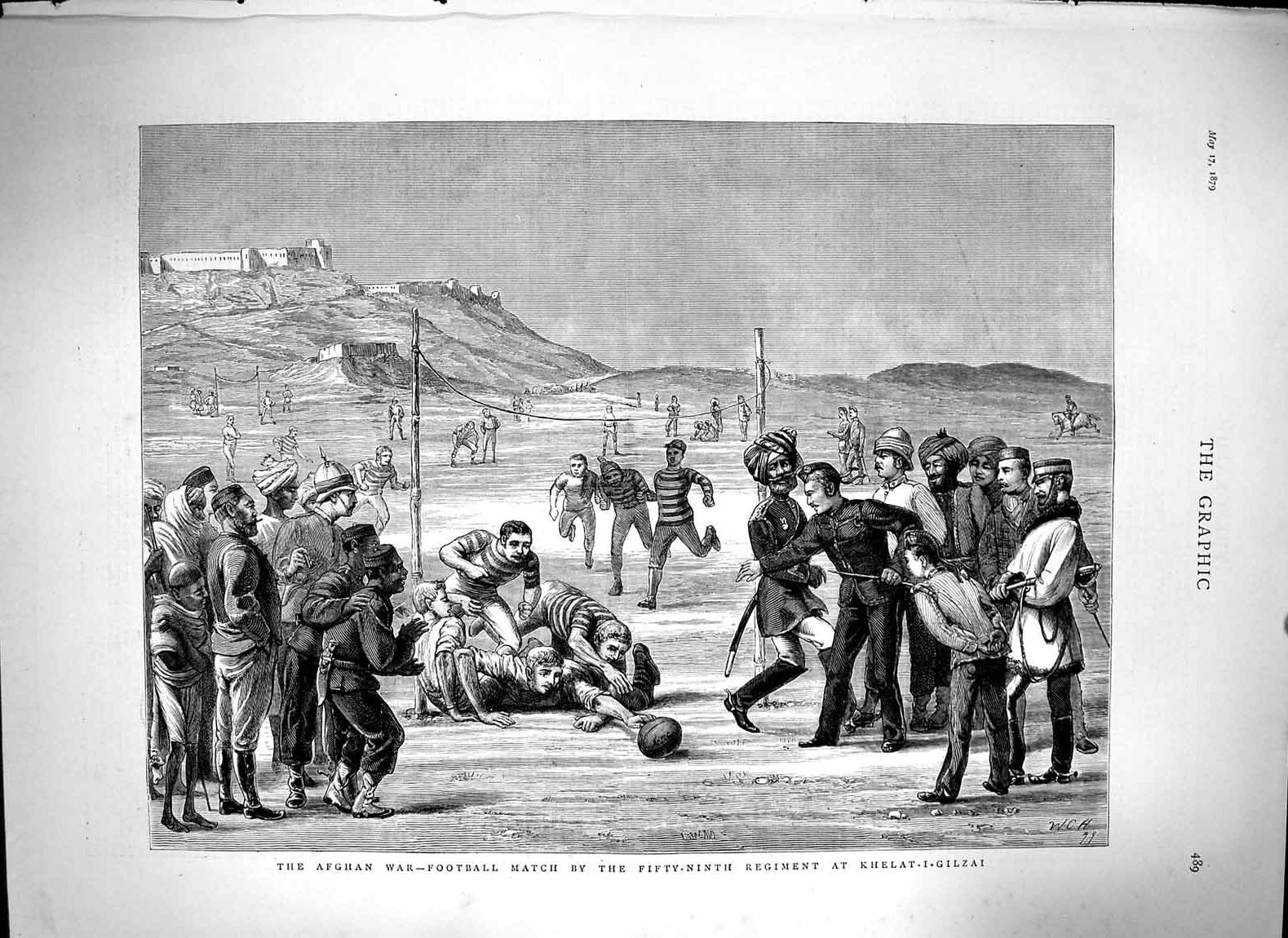 Original Old Antique Print 1879 Afghan War Football Match Siers Khelat-I-Gilzai