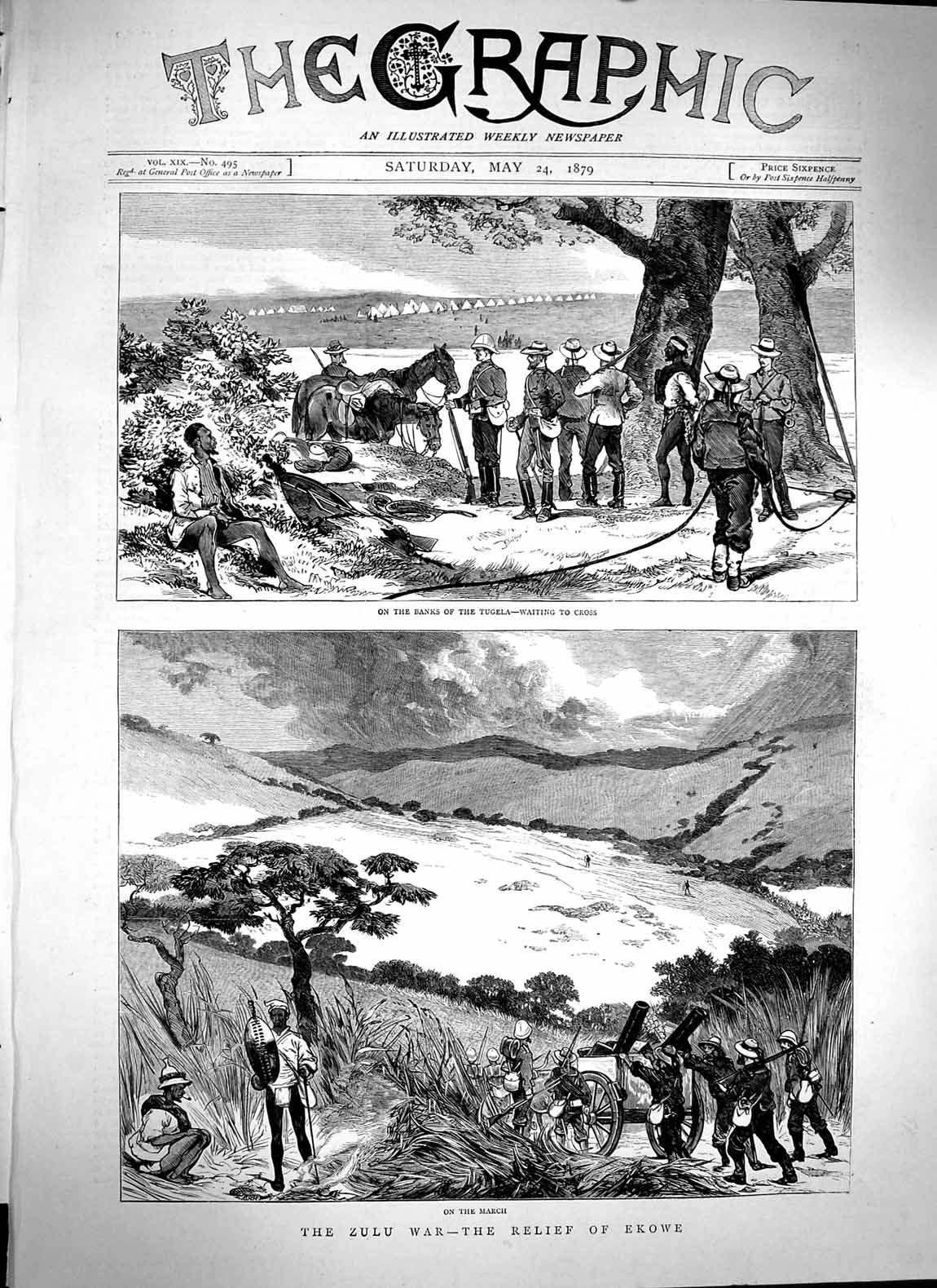 Original Old Antique Print 1879 Zulu War Ekowe Banks River Tugela Siers Hills