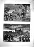 Original Old Antique Print 1879 Zulu War Ekowe Rifles Siers Horses Ferry Boat