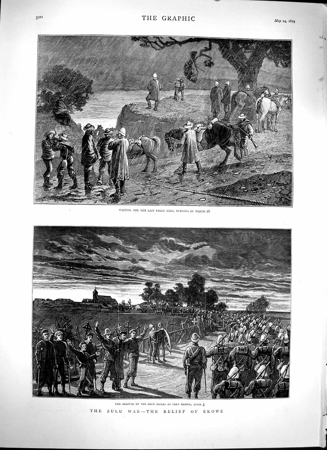 Original Old Antique Print 1879 Zulu War Ekowe Rifles Siers Horses Ferry Boat