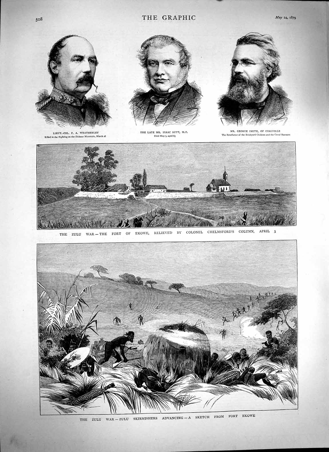 Original Old Antique Print 1879 Zulu War Fort Ekowe Chelmsford Butt Weatherley