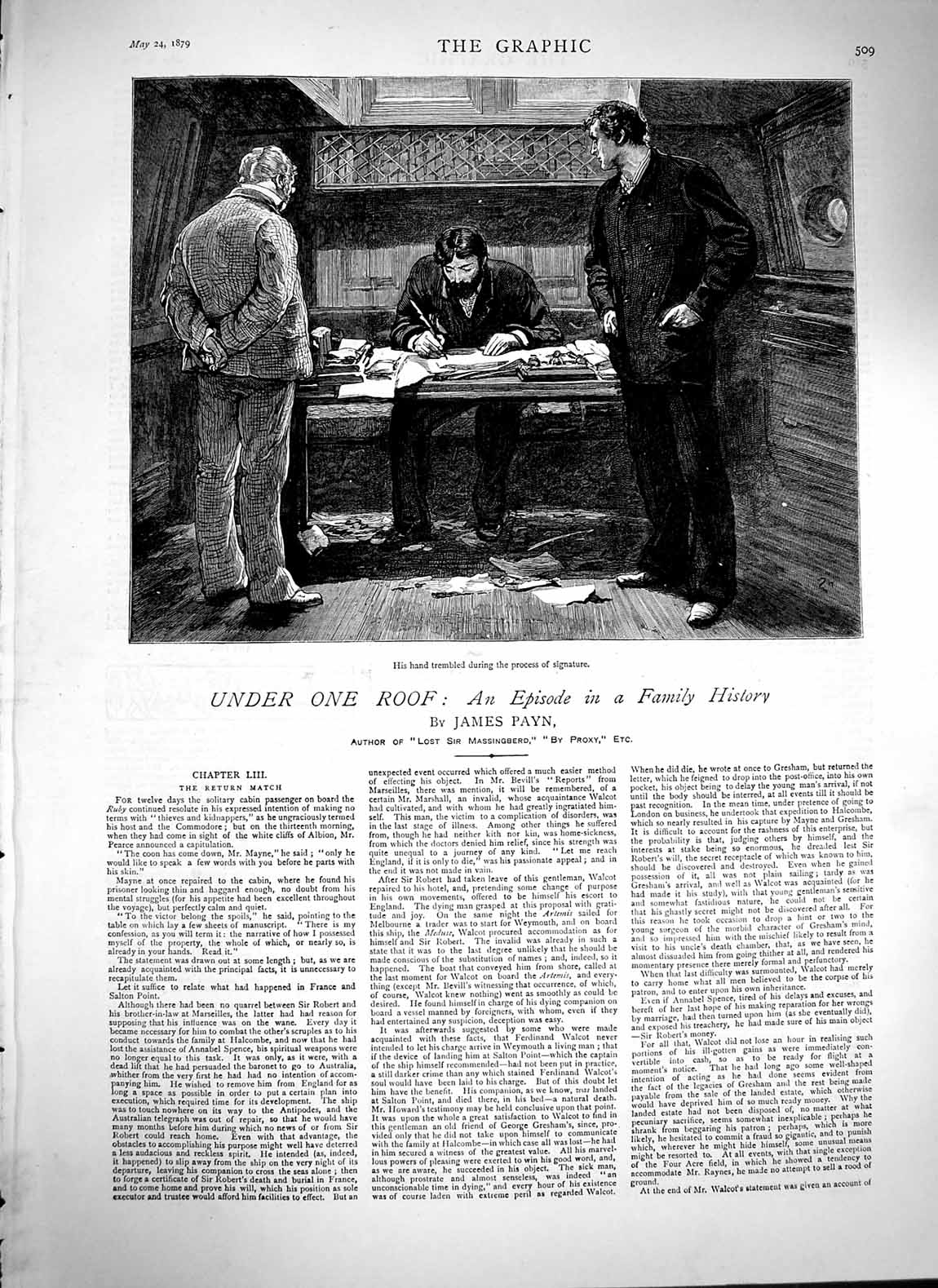 Original Old Antique Print 1879 Men Table Ship Signing Book James Payn Story