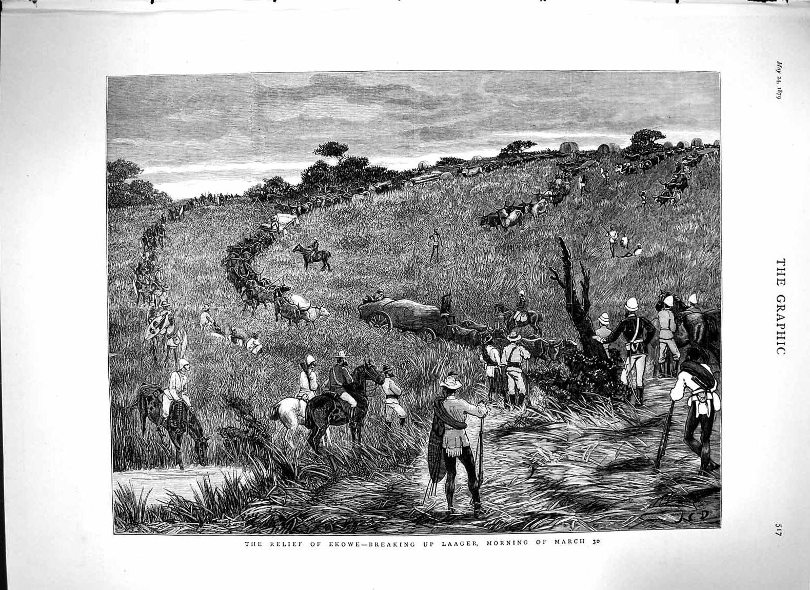 Original Old Antique Print 1879 Ekowe Breaking Laager Siers Horses War Fine Art