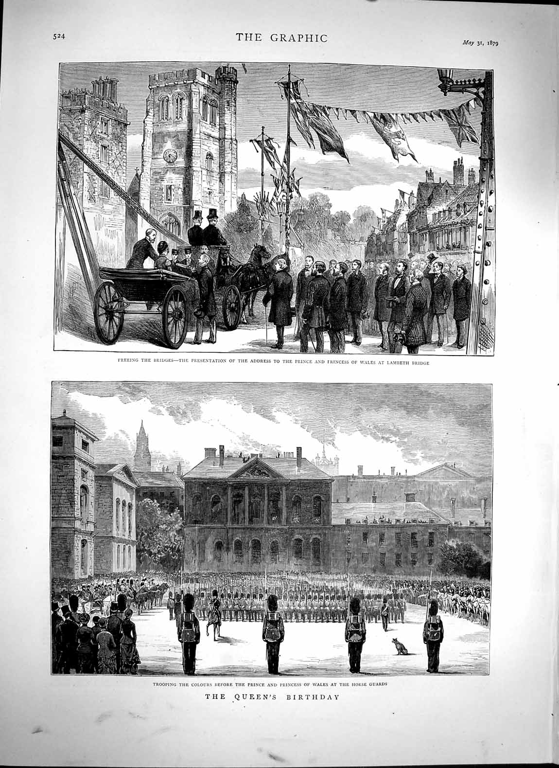 Old Antique Print 1879 Trooping Colours Horse Guards Lambeth Bridge Queen 19th