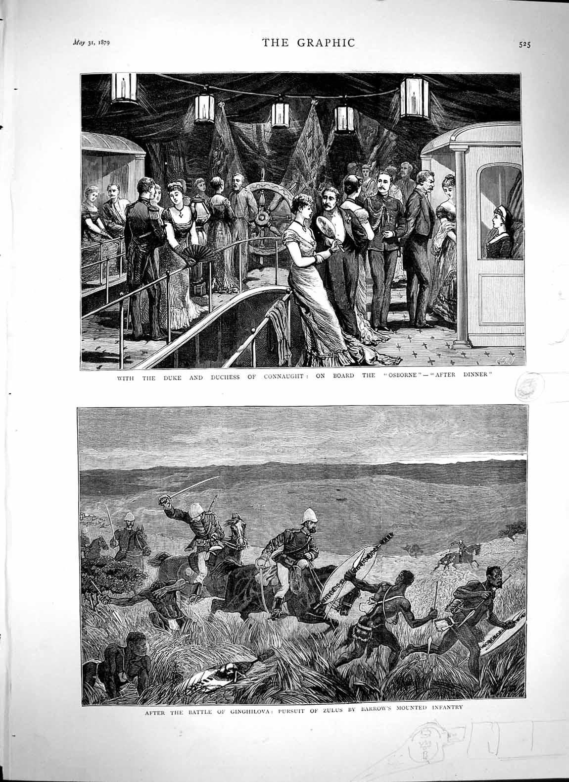 Old Antique Print 1879 Duke Connaught Osborne Ship Battle Ginghilova Zulu 19th