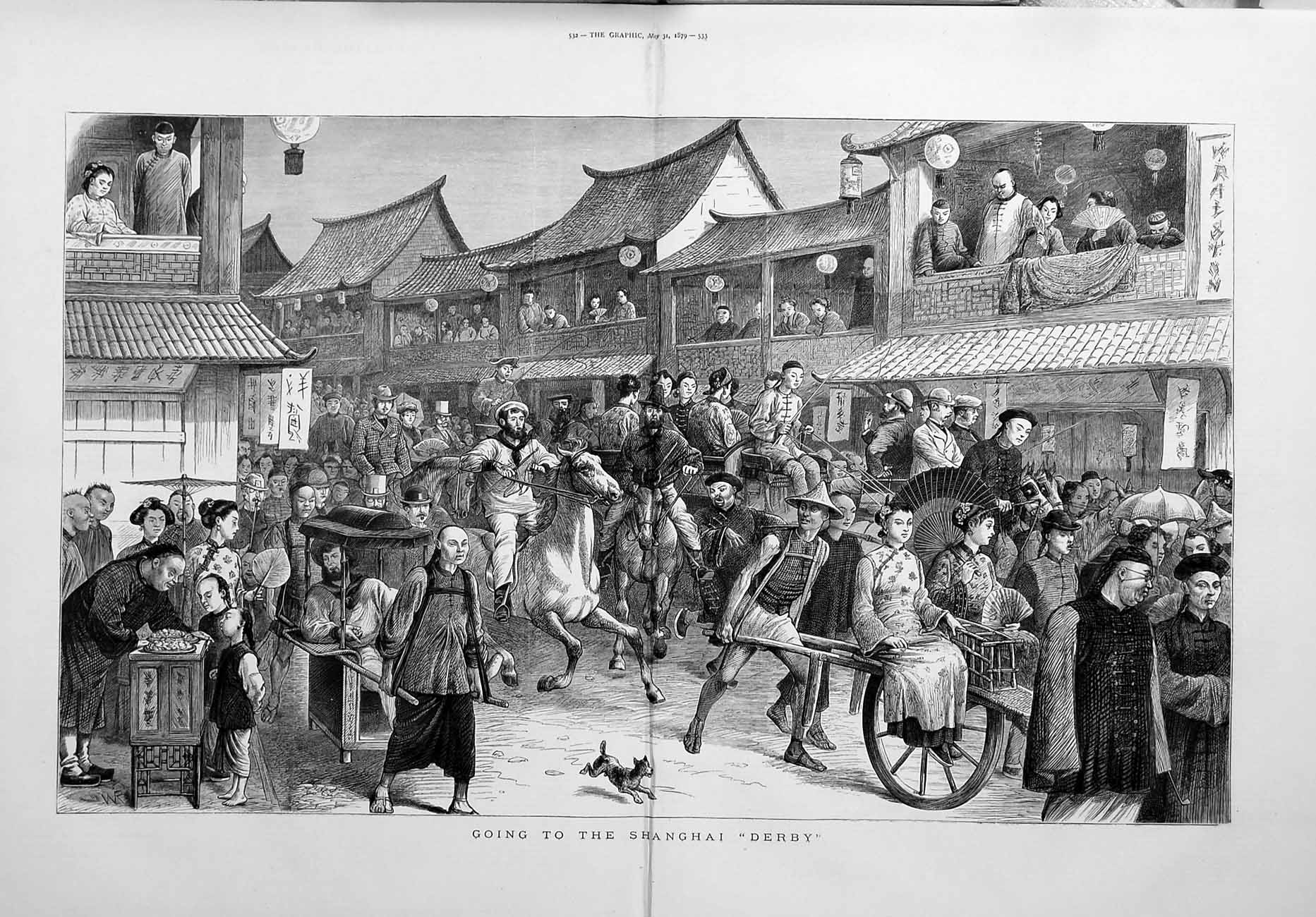 Original Old Antique Print 1879 Travelling Shanghai Derby Horses Japanese 19th