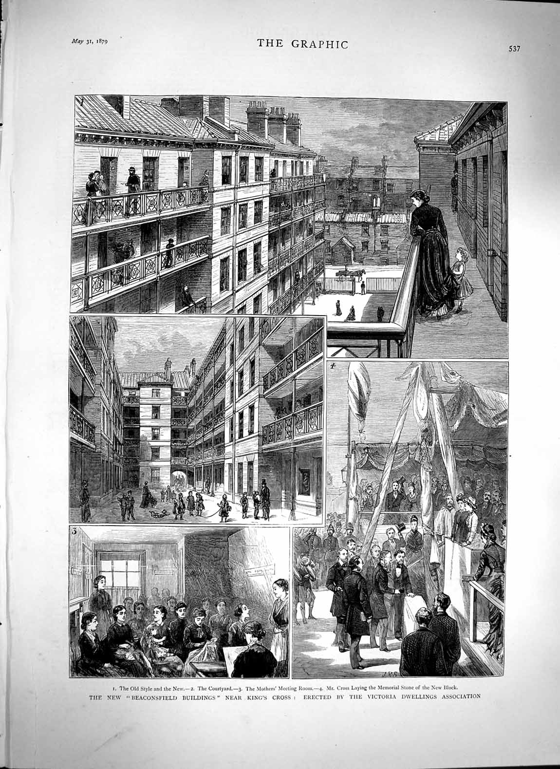 Original Old Antique Print 1879 Beaconsfields Buildings King'S Cross Victoria