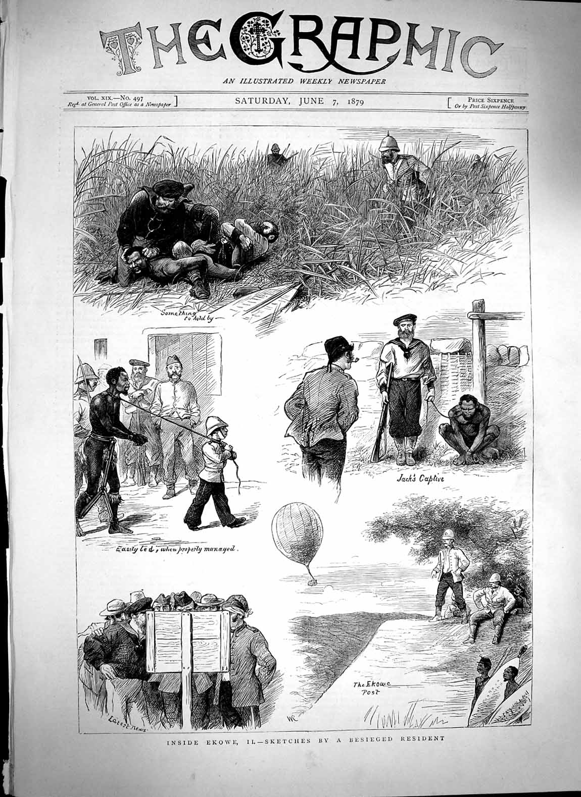 Original Old Antique Print 1879 Ekowe Balloon Siers Prisoner War Natives 19th