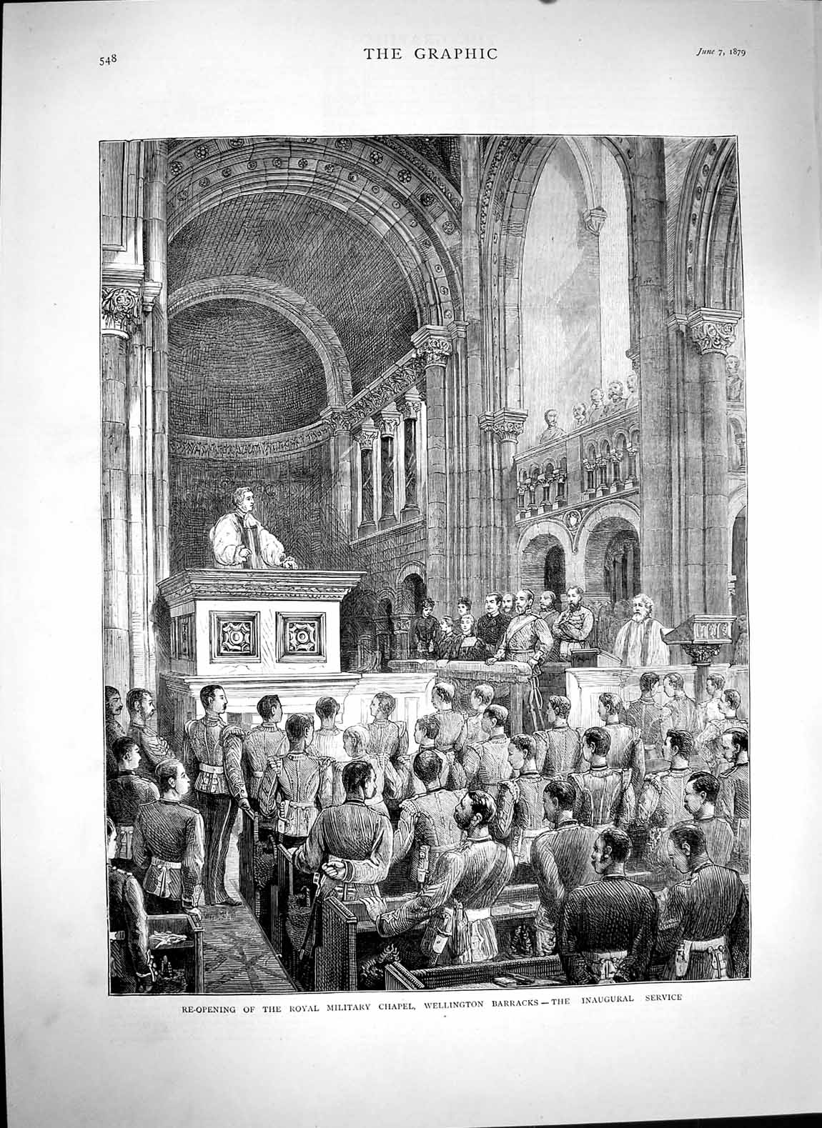 Original Old Antique Print 1879 Royal Military Chapel Wellington Barracks Siers