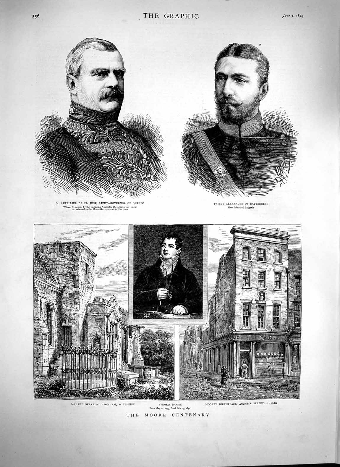 Original Old Antique Print 1879 Thomas Moore Centenary Dublin Letellier Quebec