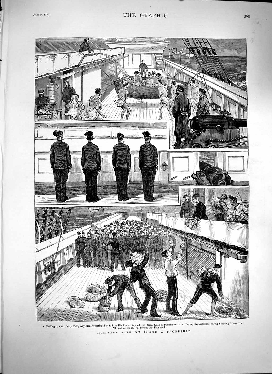 Old Antique Print 1879 Military Life Troop Ship War Bulwarks Sailors Navy 19th
