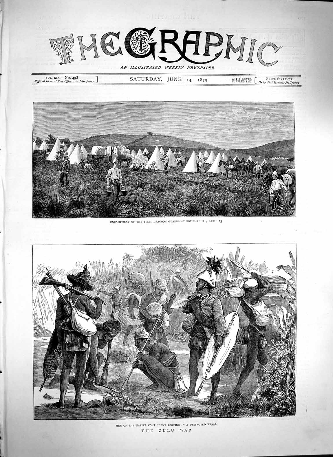 Old Antique Print 1879 Zulu War Natives Kraal Dragoon Botha'S Hill Camp 19th