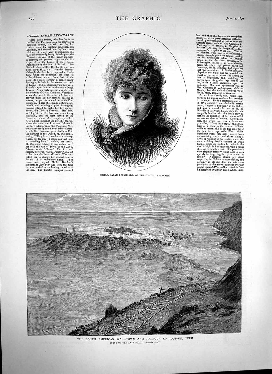 Original Old Antique Print 1879 War Town Harbour Iquique Peru Sarah Be Victorian