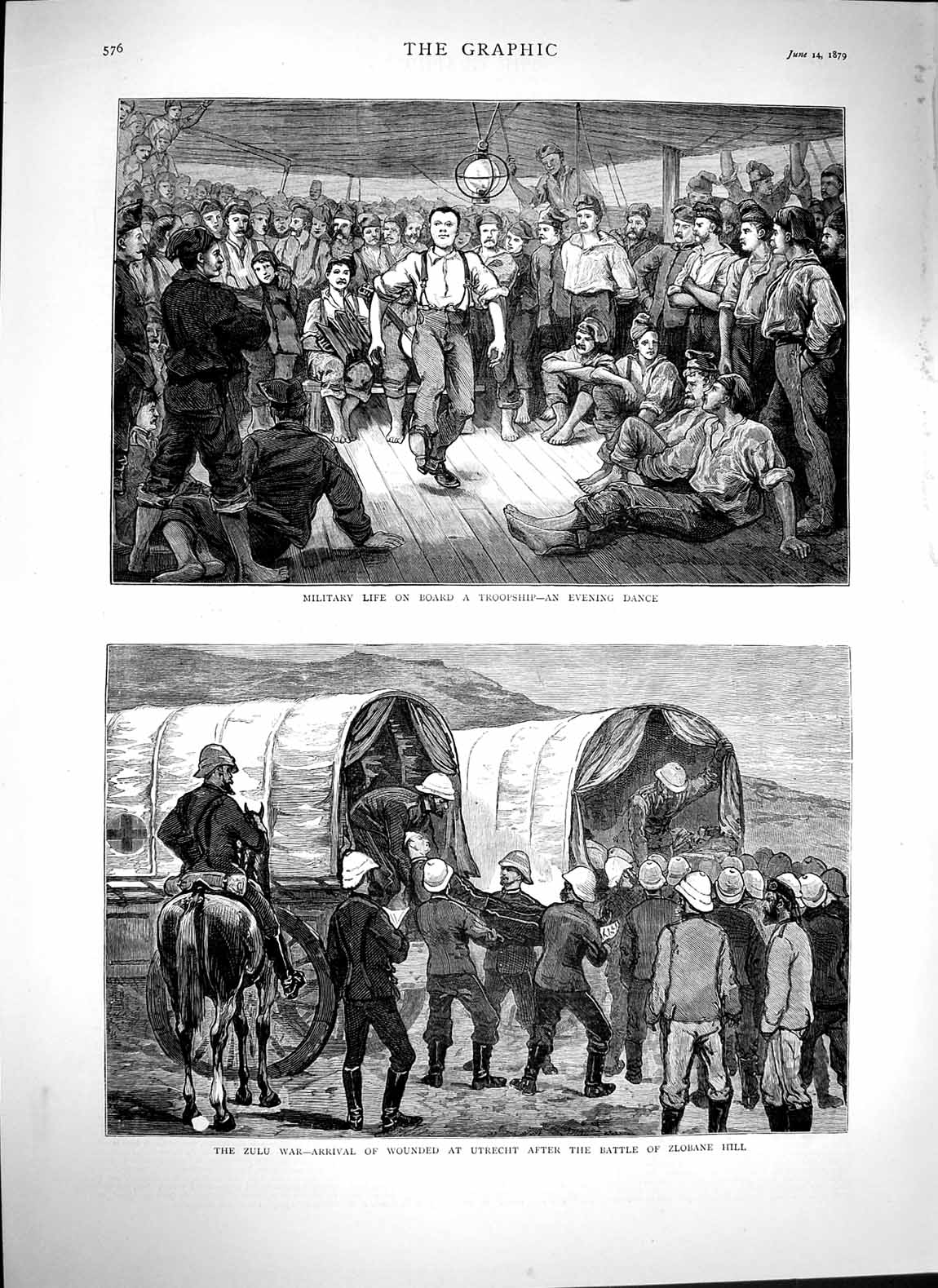 Original Old Antique Print 1879 Zulu War Battle Zlobane Hill Siers Troop Ship