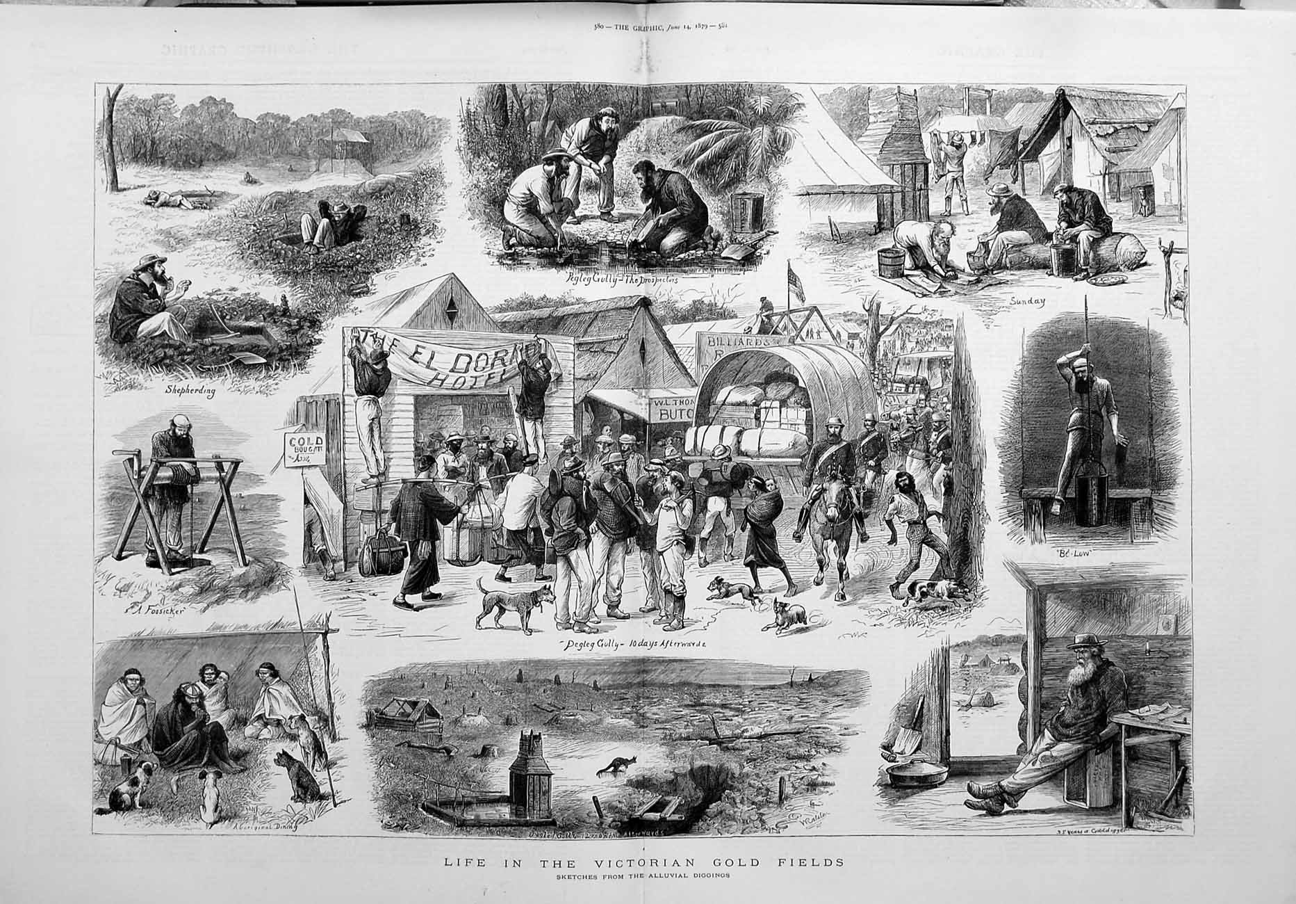 Original Old Antique Print 1879 Victoria GFields Alluvial Diggings Victorian