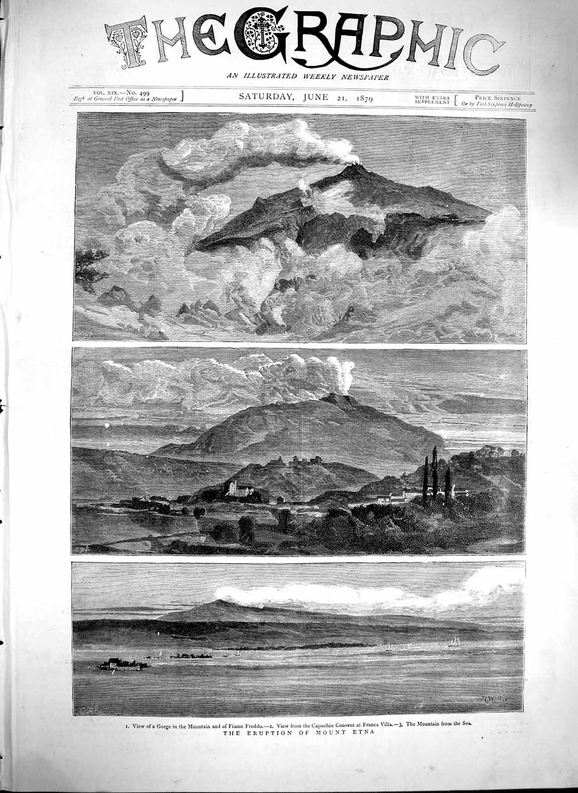 Original Old Antique Print 1879 Eruption Mount Etna Fiume Freddo Convent C 19th